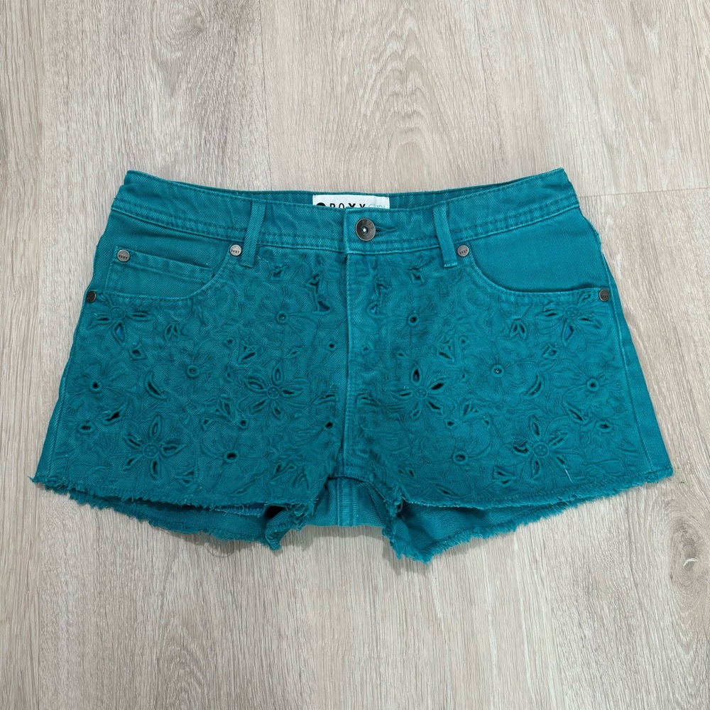 Kids Roxy Girls Teal Blue Denim Jean Shorts Lace Crochet XL Size 14
